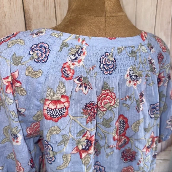 LOFT Blue Floral Blouse, lightweight, eyelet detail, elastic sleeve, women’s XL - Picture 6 of 10
